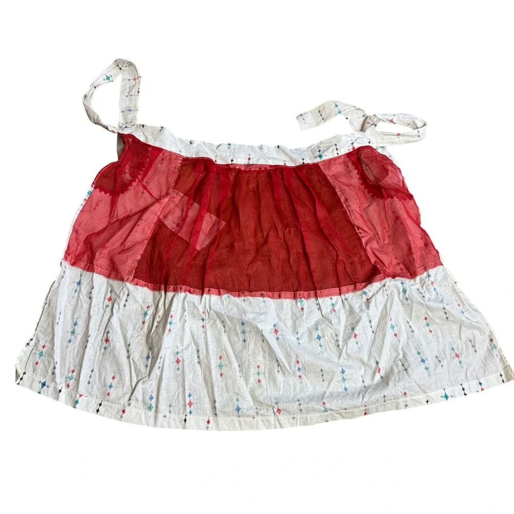 Vintage Handmade 1950s Geometric Design Sheer Red Half Apron‎ with pockets